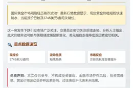 现货黄金短线下挫，现报3745美元/盎司
