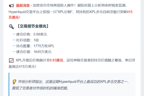 Hyperliquid最大XPL多仓浮盈415万