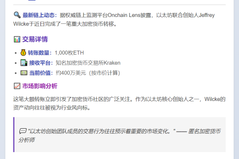 以太坊创始人转1000枚ETH至Kraken