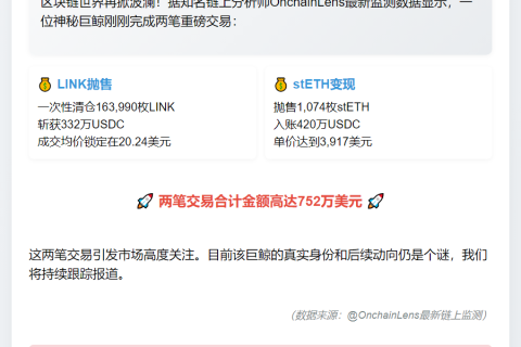 巨鲸抛售16.4万LINK和1074stETH