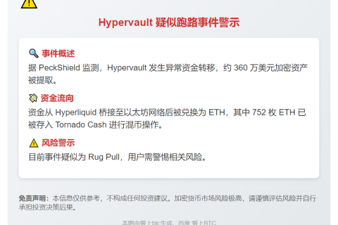 Hypervault疑似跑路，360万美元转移