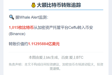1015枚比特币从加密资产托管平台Ceffu转入Binance