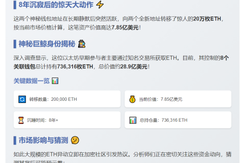8年沉寂钱包突转20万ETH，价值7.85亿