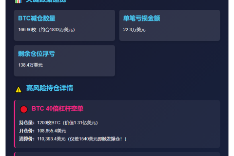 "鲸鱼被迫减仓166枚BTC 亏损22.3万美元"