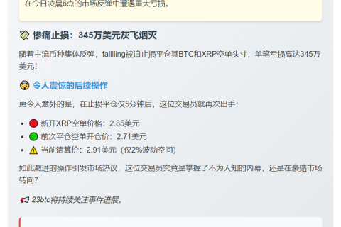 交易员止损BTC、XRP空单 亏345万美元