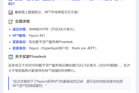 天价HYPE成交：Flowdesk购得Hypurr #21