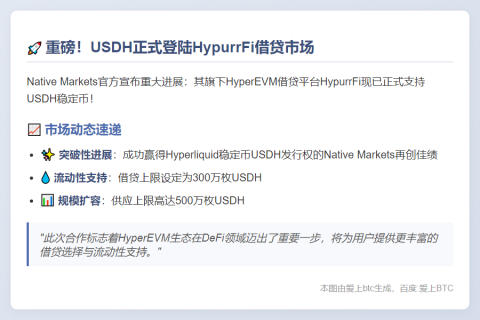 "HyperEVM借贷市场HypurrFi支持USDH"