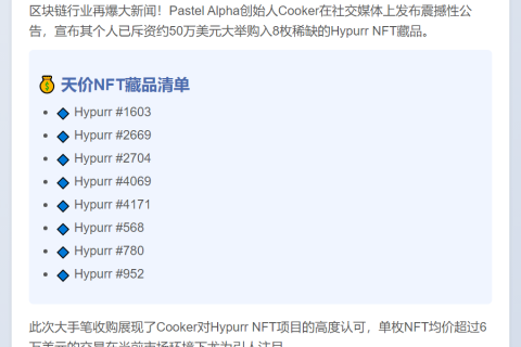 "Pastel Alpha创始人豪掷50万购8枚Hypurr NFT"
