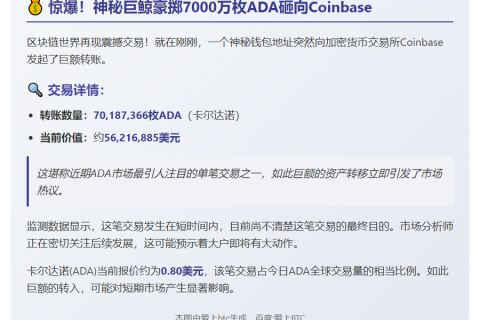 大额转币：7018万ADA转入Coinbase