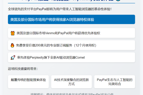 PayPal推出AI浏览器Perplexity优先体验