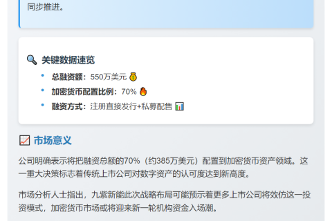 九紫新能筹550万美元，70%投加密资产