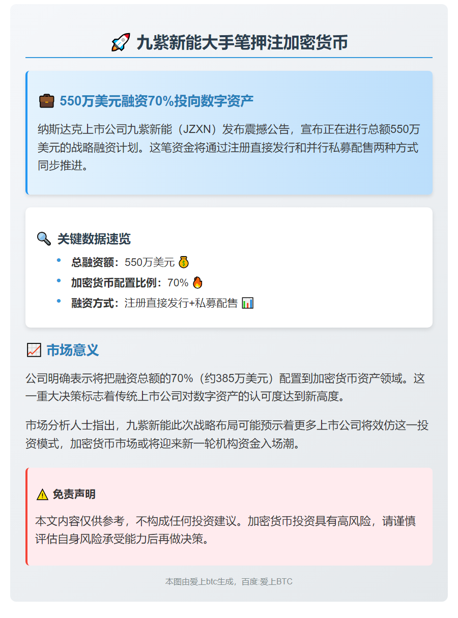 九紫新能筹550万美元，70%投加密资产