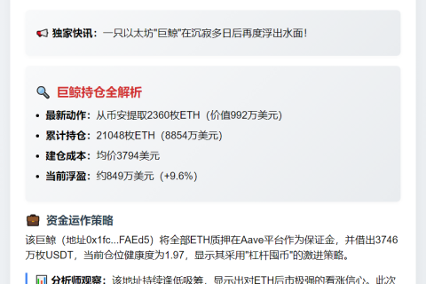 巨鲸再提992万美元ETH