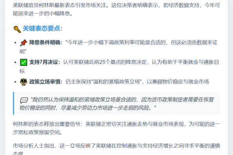 美联储柯林斯：今年或小幅降息