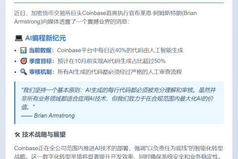 Coinbase CEO：AI 代码占比日增40%，10月或超50%