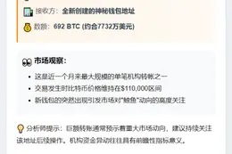 "新建钱包从Galaxy Digital转出692枚BTC，价值7732万美元"