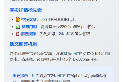币安：TRADOOR空投需220分