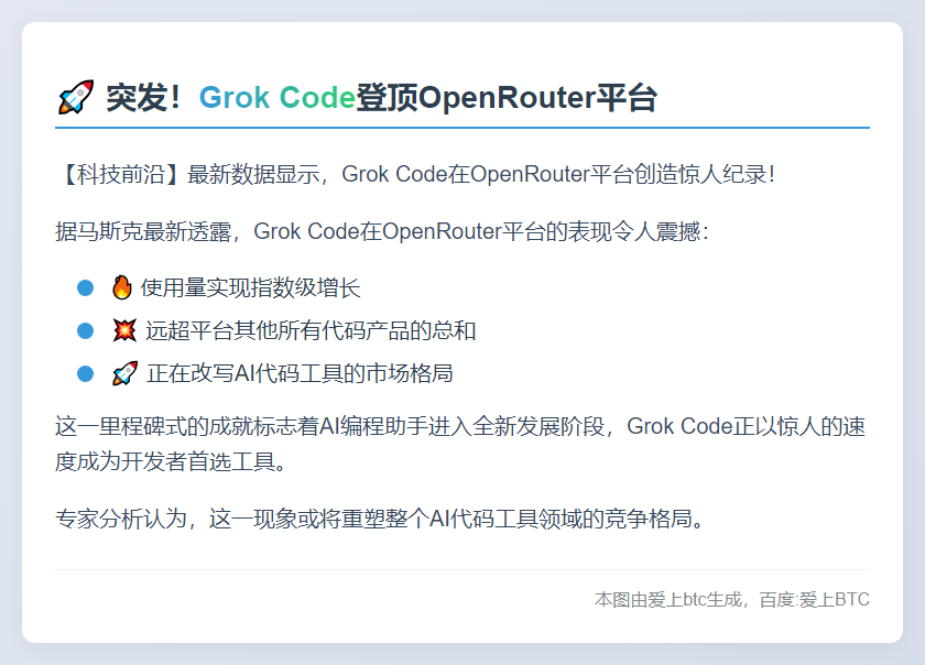 Grok Code 在 OpenRouter 用量居首
