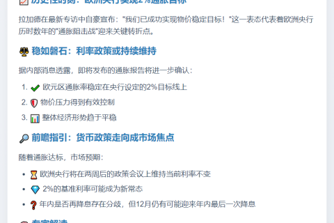 拉加德：确保欧元区通胀率2%
