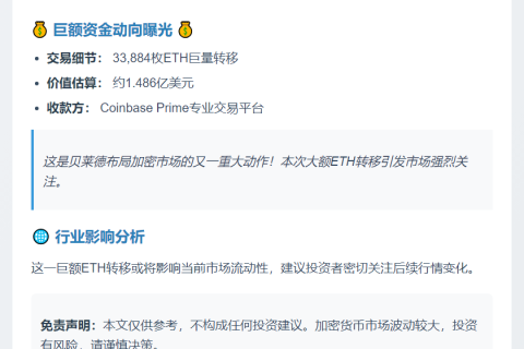 贝莱德向Coinbase存入1.486亿美元ETH