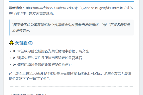 米兰：美联储独立性无碍债券市场