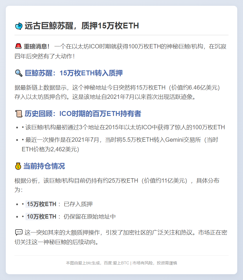 远古巨鲸苏醒，质押15万枚ETH