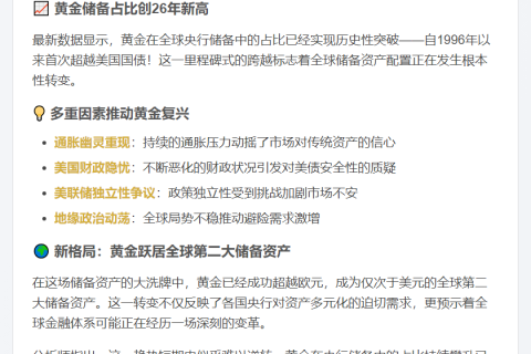 黄金成全球第二大储备资产
