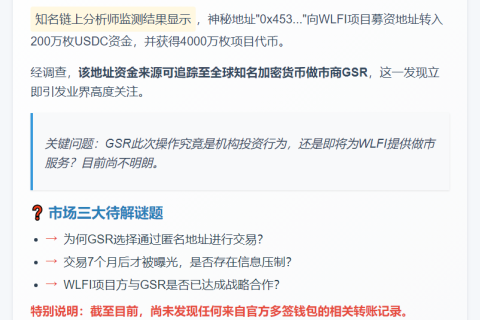 GSR转移200万USDC获4000万代币
