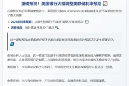 美银预测：2025年美联储或降息两次