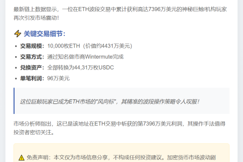 巨鲸抛售1万枚ETH，获利7396万美元