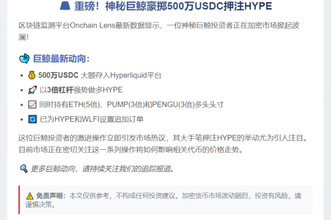 巨鲸500万USDC加3倍杠杆做多HYPE