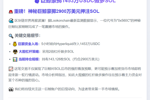巨鲸豪掷1453万USDC做多SOL