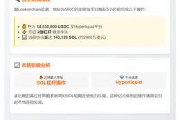 巨鲸存入1453万USDC，2倍杠杆做多SOL