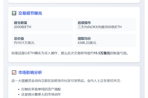 以太坊巨鲸3天转3500枚ETH至OKX