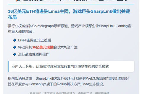 SharpLink将质押ETH至Linea主网