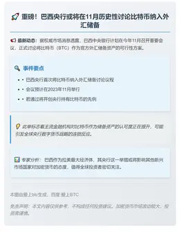 巴西央行11月拟议比特币入外汇储备