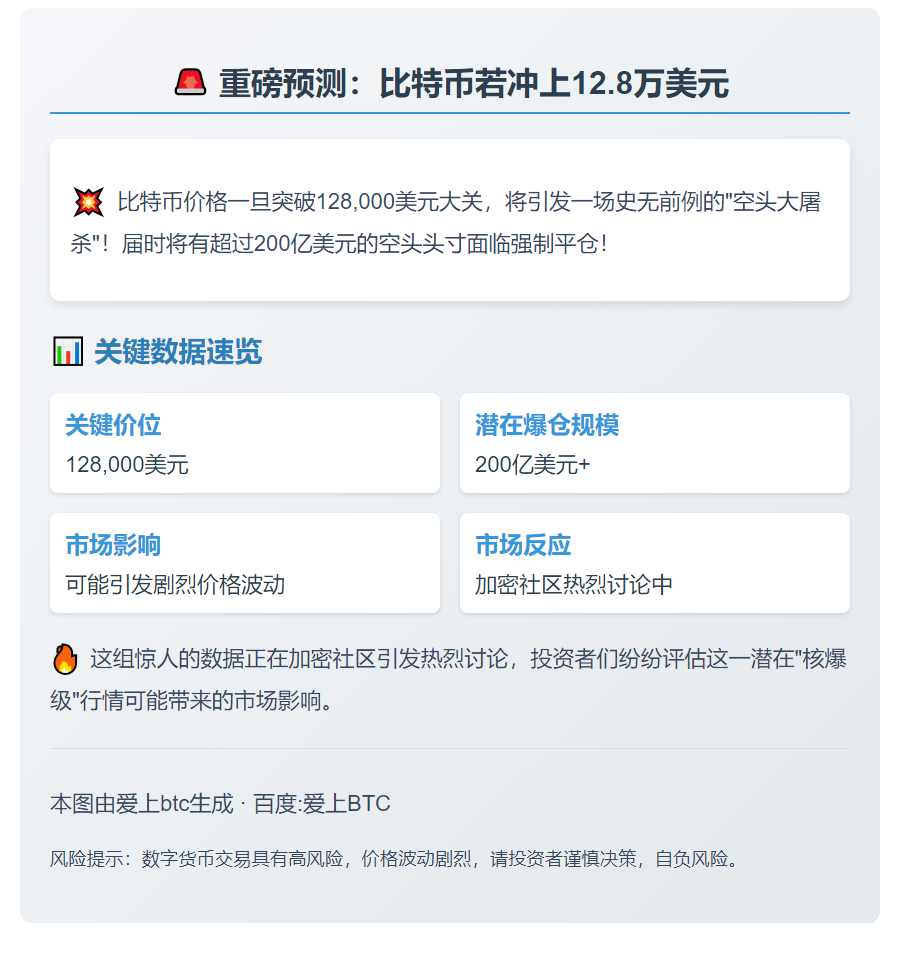 比特币若破12.8万，200亿空头将爆仓