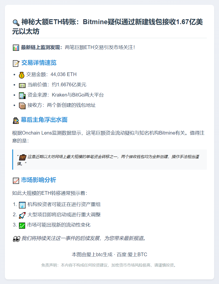 Bitmine疑从Kraken、BitGo接收1.67亿美元ETH