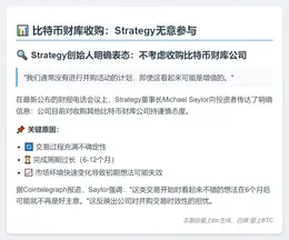 比特币财库收购：Strategy无意参与