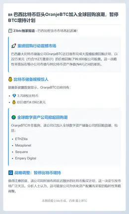 巴西OranjeBTC暂停购BTC，加入回购潮