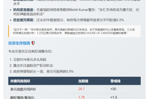 政府停摆施压美元 风险指标下行