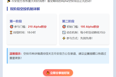 币安今日15点空投上线，首阶段需210分