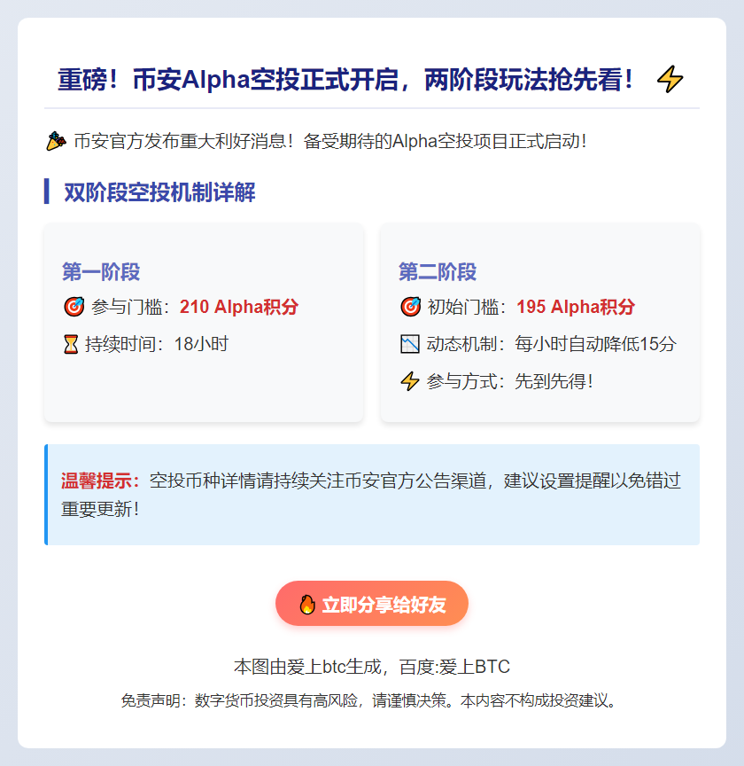 币安今日15点空投上线，首阶段需210分