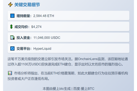 巨鲸4,274美元增持2,584枚ETH