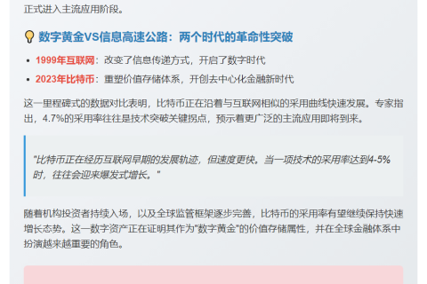 比特币采用率达4.7%，媲美1999年互联网