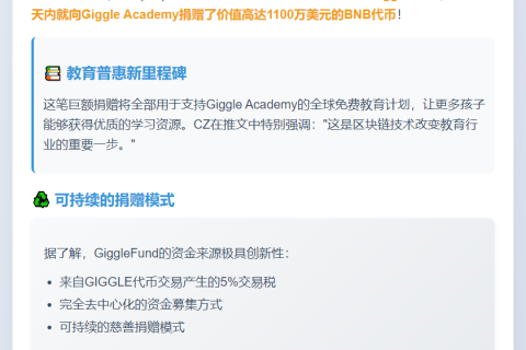 CZ捐赠1100万美元BNB支持Giggle Academy