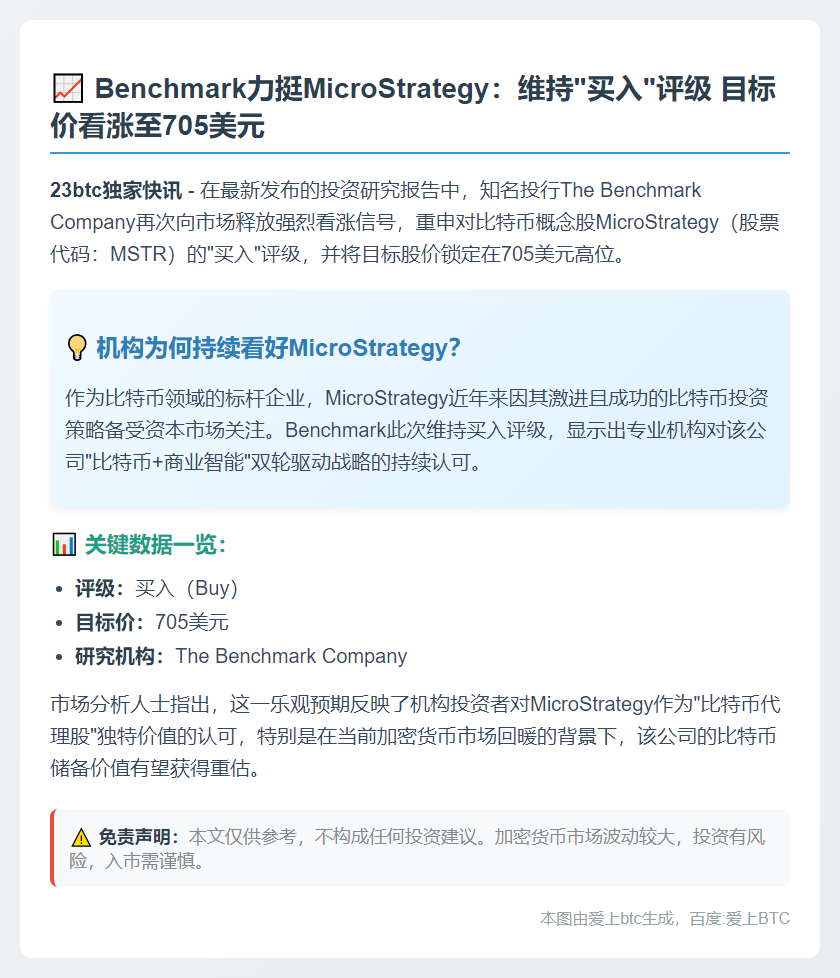 Strategy获Benchmark买入评级，目标价705美元