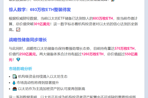 以太坊ETF持693万枚ETH 价值超300亿