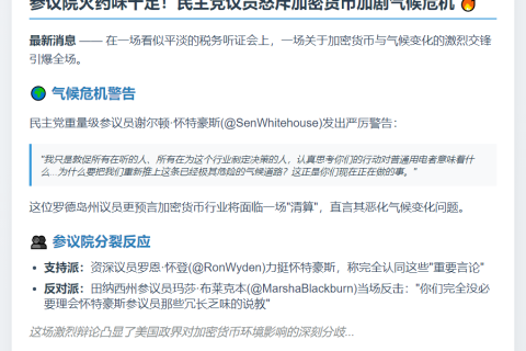民主党议员警告：加密货币将面临气候"清算"