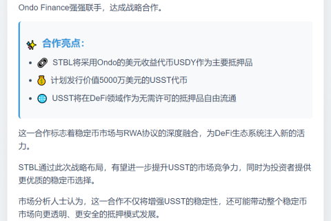 STBL宣布将投资5000万美元于Ondo USDY，作为其稳定币USST的主要抵押品